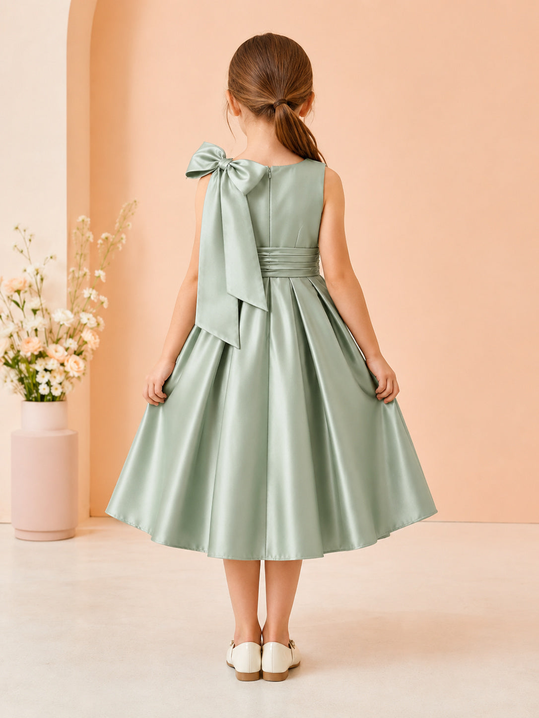 Modern Tea-Length A-Line Garden Flower Girl Sage Satin One-Shoulder Bow Party Dress back view