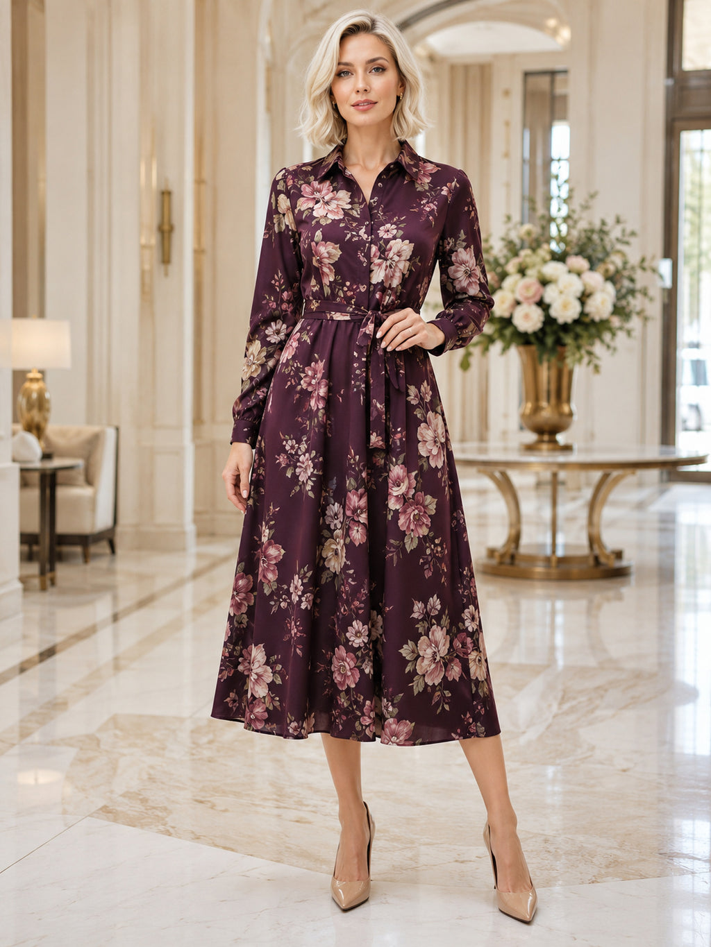Burgundy Floral Long Sleeve Shirt Collar Midi Dress front view