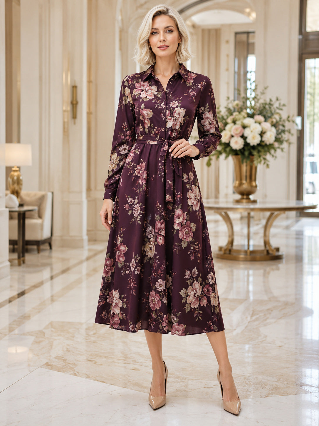 Burgundy Floral Long Sleeve Shirt Collar Midi Dress front view
