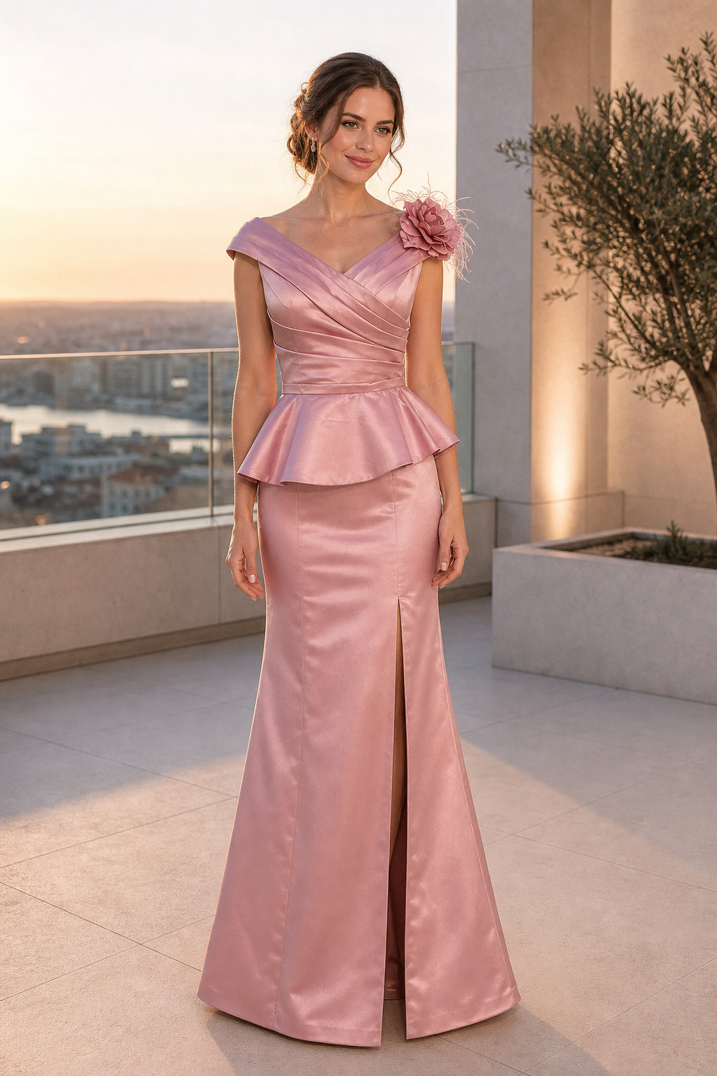 Blush Off-the-Shoulder Sheath Satin Floor-Length Dress With Peplum and Flower Detail