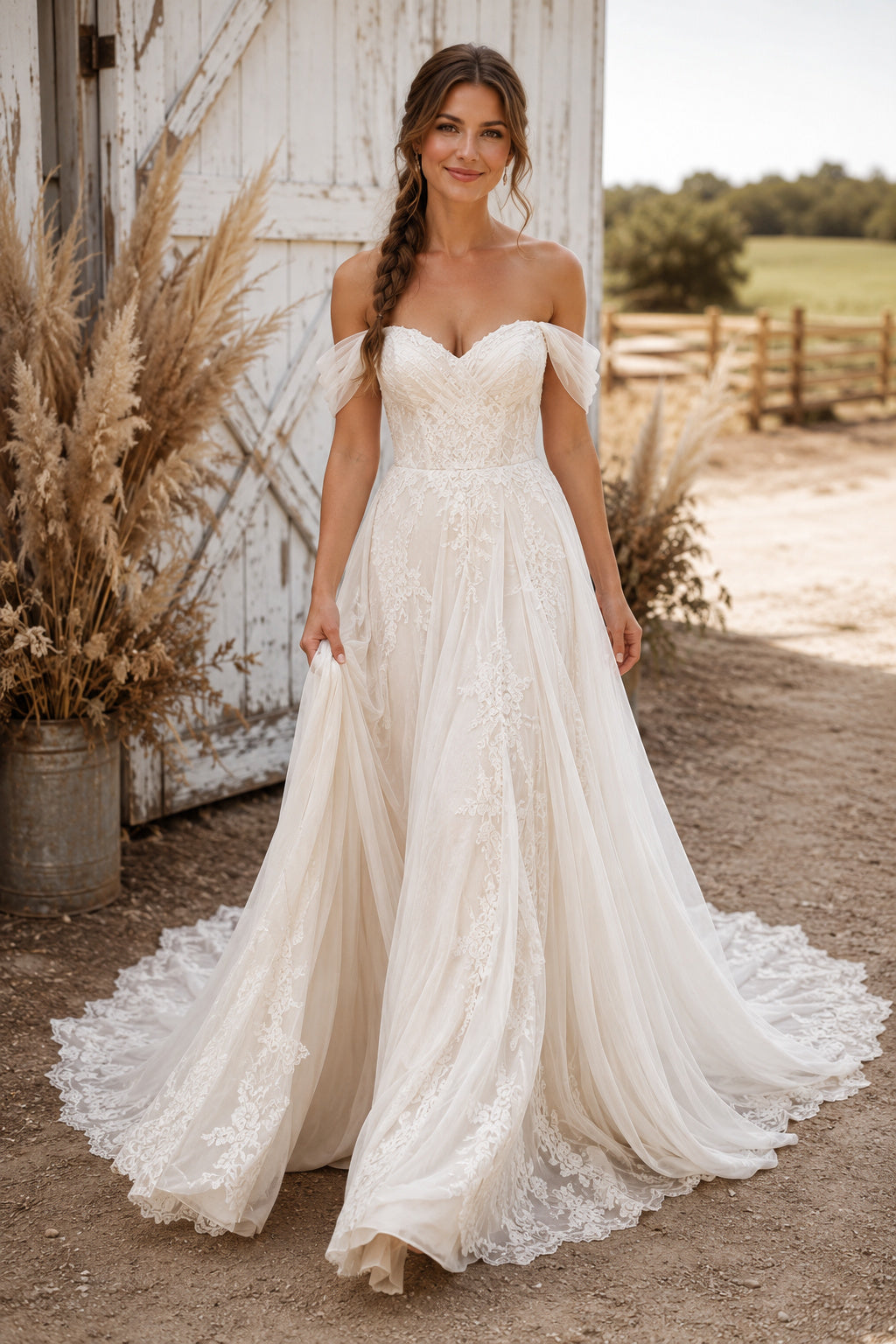Off the Shoulder A-Line Wedding Dress with Lace Appliques and Soft Front Split for Rustic Garden Ceremony front view