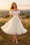 Ivory Square Neck Cap Sleeve Tulle Tea Length Wedding Dress for Wedding Reception and Party front view