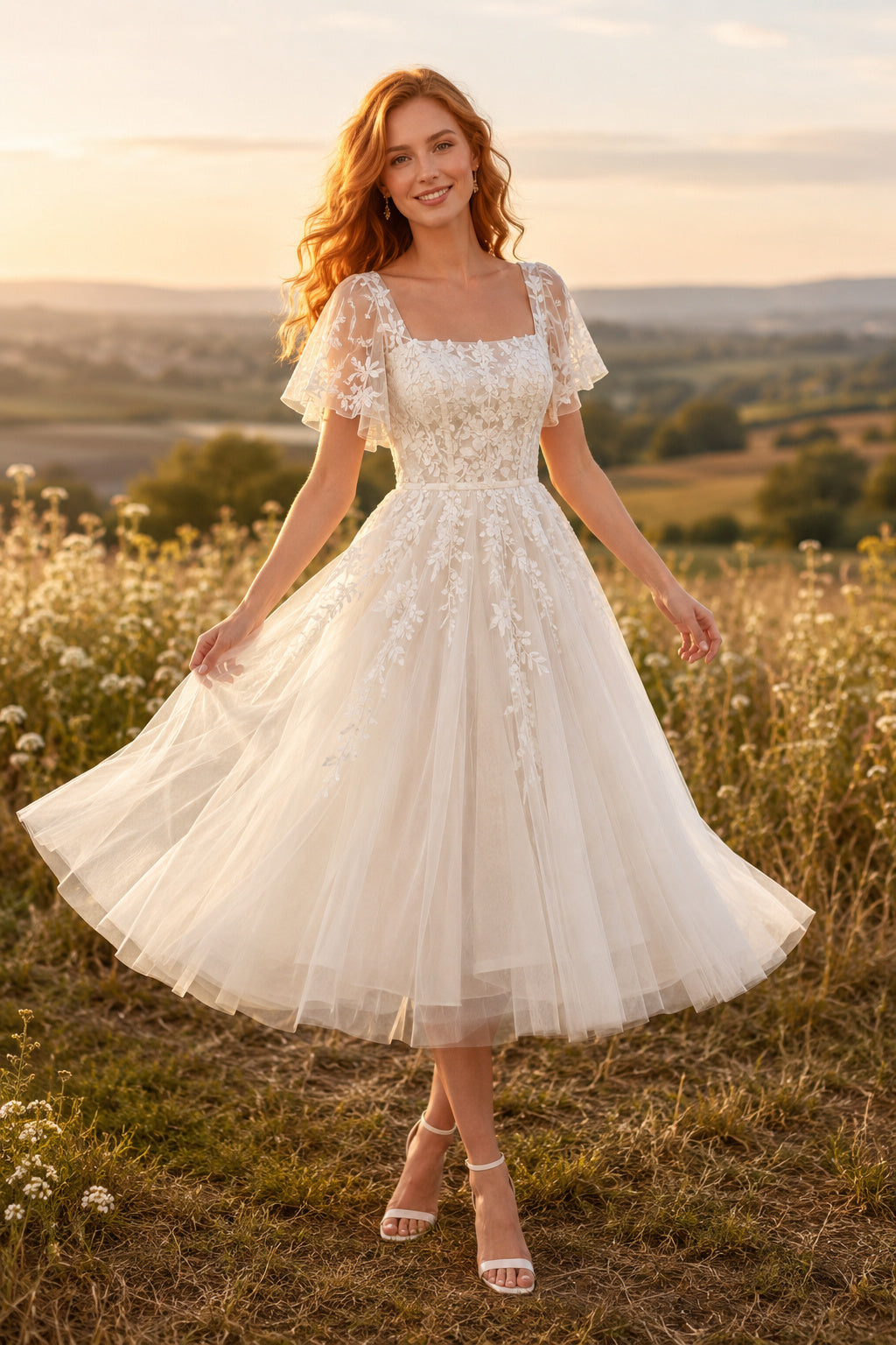 Ivory Square Neck Cap Sleeve Tulle Tea Length Wedding Dress for Wedding Reception and Party front view