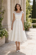 Champagne Bateau Cap Sleeves A-Line Lace Tea-length Dress With Lace