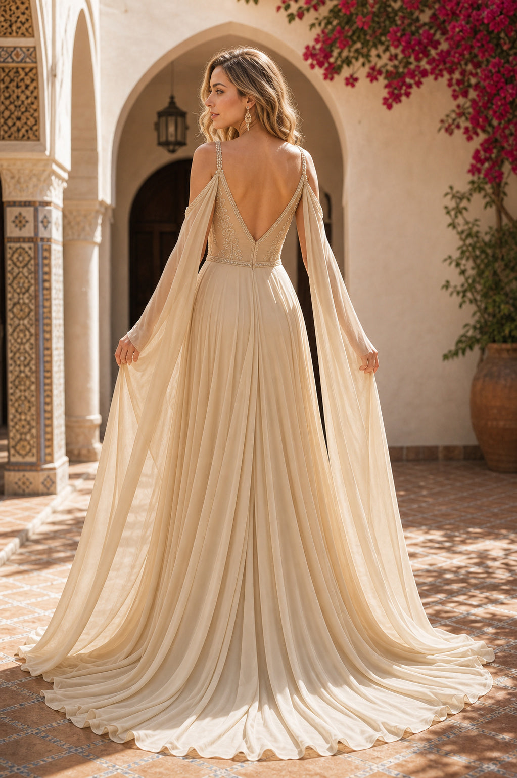 Champagne V-neck Long Sleeves A-Line Chiffon, Lace Floor-length Formal Dress With Lace and Front Slit and Open Back