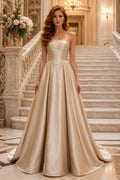 Evening Gown Champagne Satin Ball Gown Strapless Sweetheart Sweep Train front view