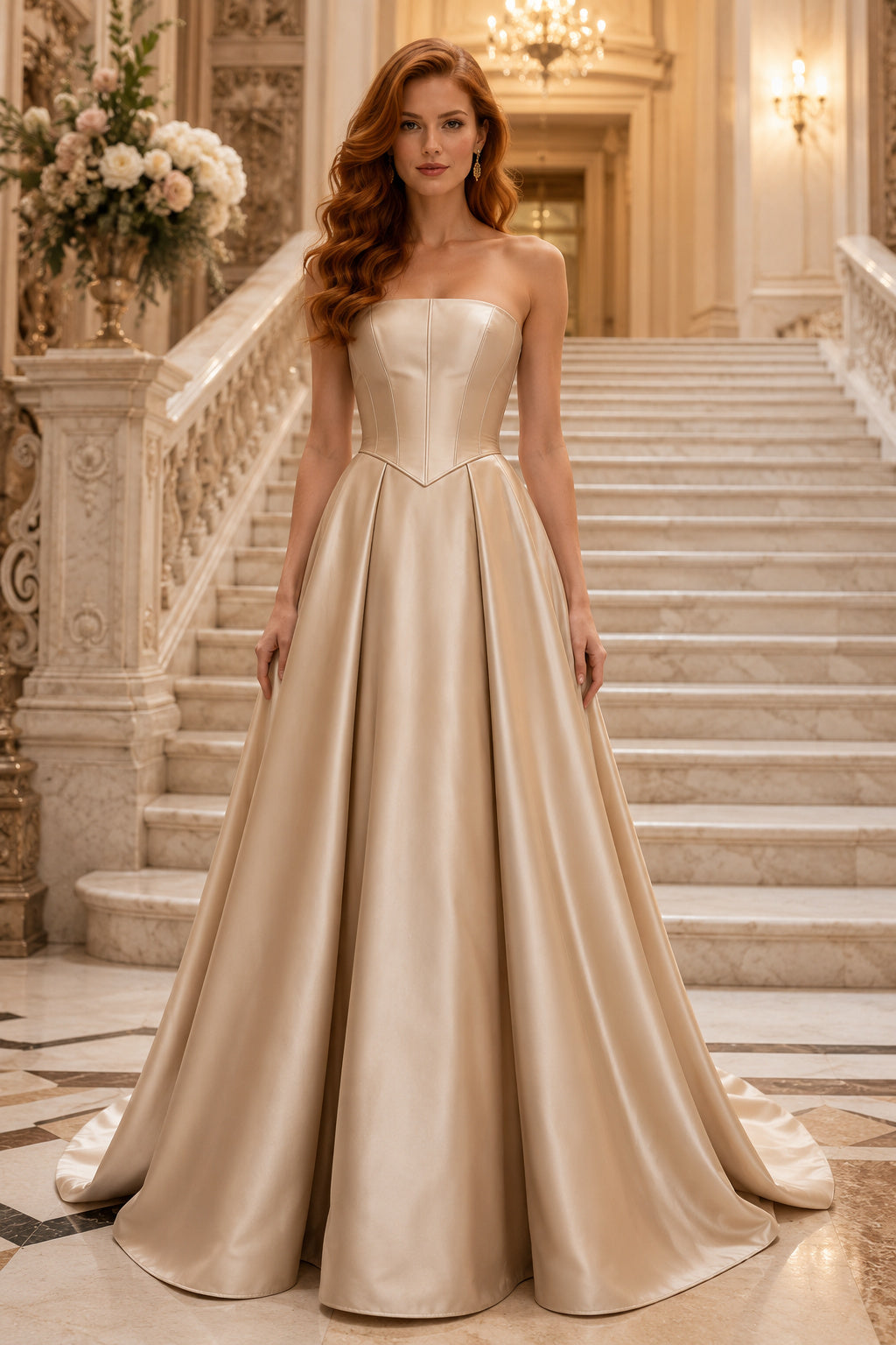 Evening Gown Champagne Satin Ball Gown Strapless Sweetheart Sweep Train front view