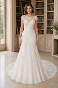 White Scoop Three-Quarter Sleeves A-Line Chiffon Floor-length Wedding Dress With Lace Bodice and Sweep Train and Open Back
