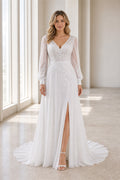 White V-neck Flutter Sleeves A-Line Chiffon Floor-length Wedding Dress With Layered Skirt and Beaded Bodice and Open Back