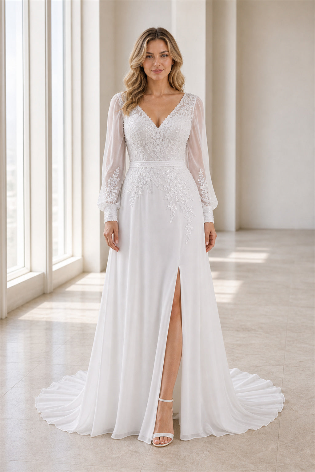 White V-neck Flutter Sleeves A-Line Chiffon Floor-length Wedding Dress With Layered Skirt and Beaded Bodice and Open Back
