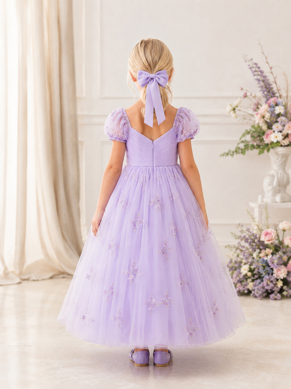 Flower Girl Dress Lavender Tulle A-Line Short Sleeve Sweetheart Neck Tea Length Floral Applique Bow Detail back view