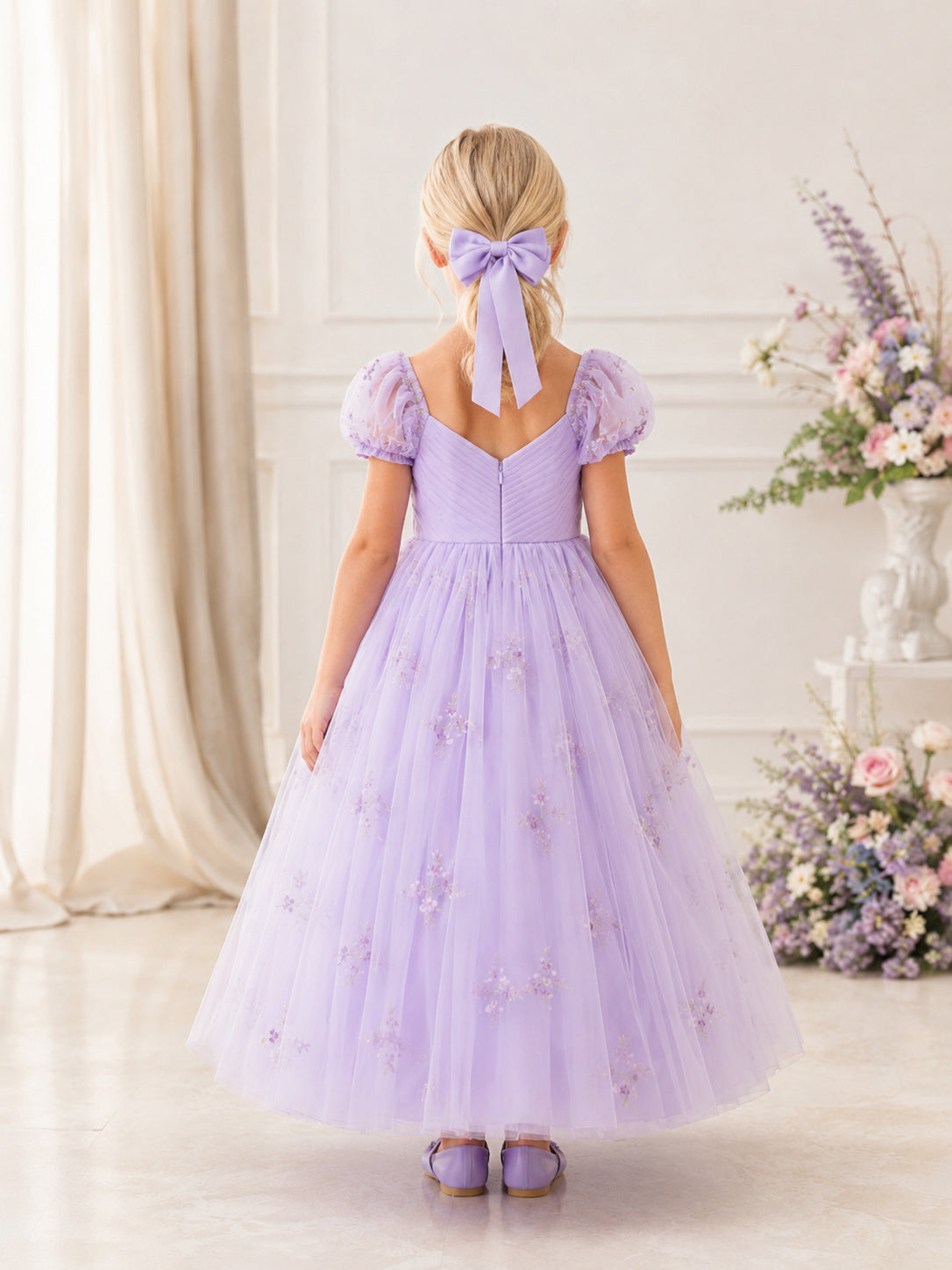 Flower Girl Dress Lavender Tulle A-Line Short Sleeve Sweetheart Neck Tea Length Floral Applique Bow Detail back view
