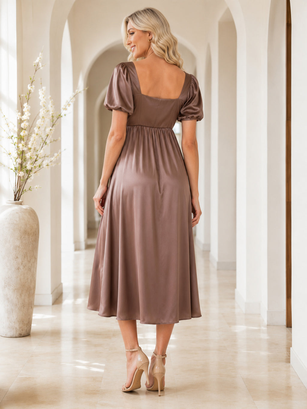 Taupe Maternity Square Neck Puff Sleeve Satin A-Line Tea Length Party Dress back view