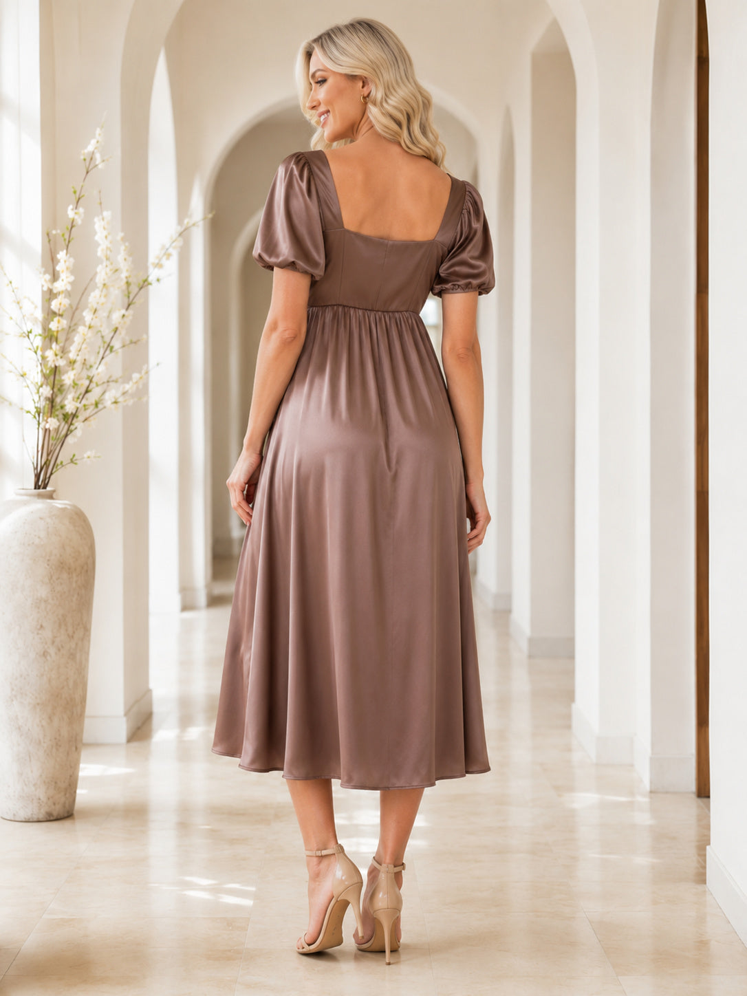 Taupe Maternity Square Neck Puff Sleeve Satin A-Line Tea Length Party Dress back view