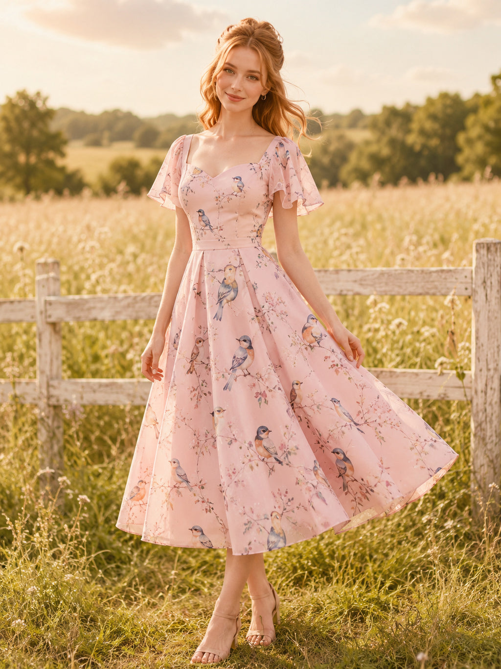 Pink Bird Print Square Neck Puff Sleeve A-Line Tea Dress front view