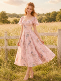 Pink Bird Print Square Neck Puff Sleeve A-Line Tea Dress front view