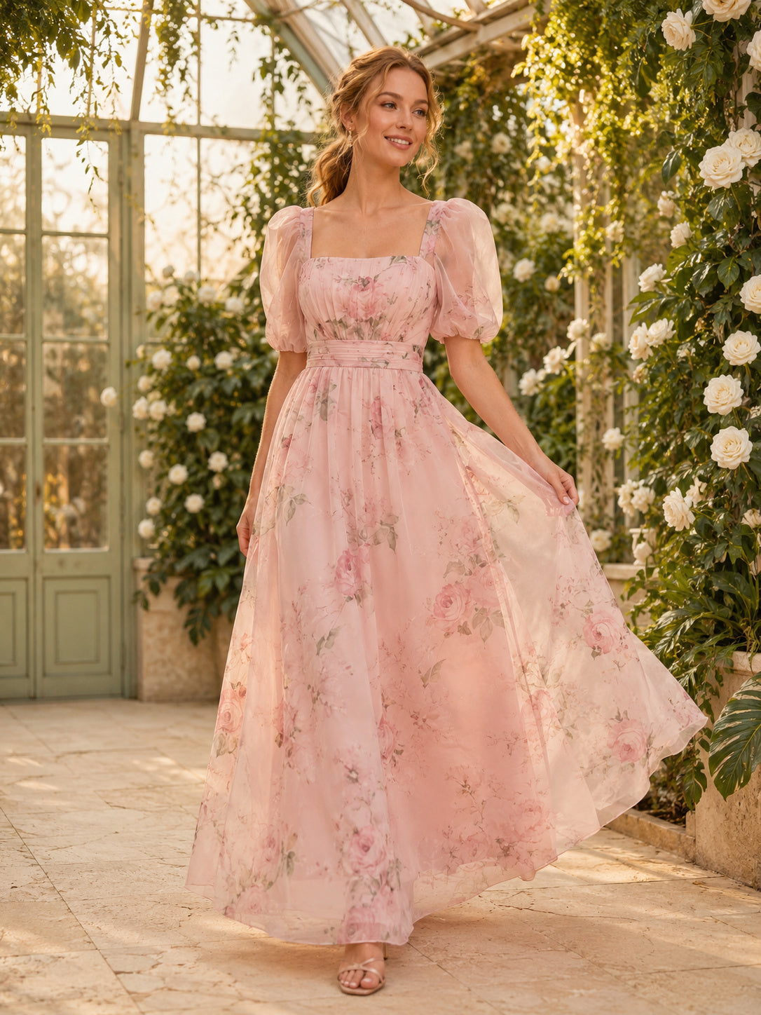 Blush Greenhouse Wedding Guest Dress A-Line Chiffon Tulle Square Neck Short Sleeve Ankle-Length Floral front view