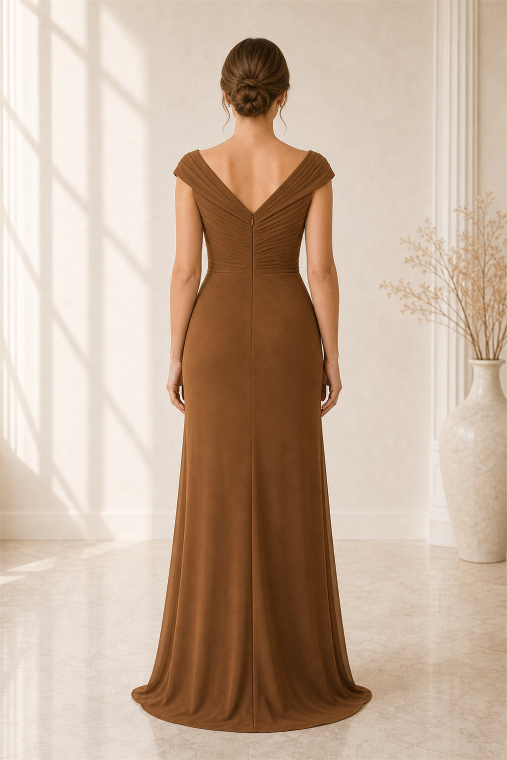 Mocha V-neck Cap Sleeve Sheath Chiffon Floor-Length Dress With Ruffle Front