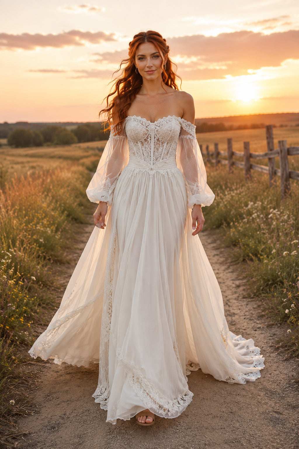 Off the Shoulder Bell Sleeve A-Line Wedding Dress with Sweetheart Bodice and Train front view