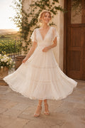 Ivory V-Neck Flutter Sleeve Chiffon Tea-Length Wedding Dress with Flutter Sleeves and Tiered Chiffon Skirt front view