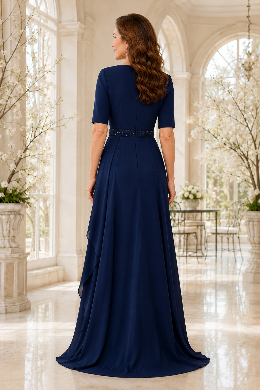 Dark Navy V-Neck A-Line Mother Dress with Half Sleeves and Beaded Waist Detail for Evening Reception back view