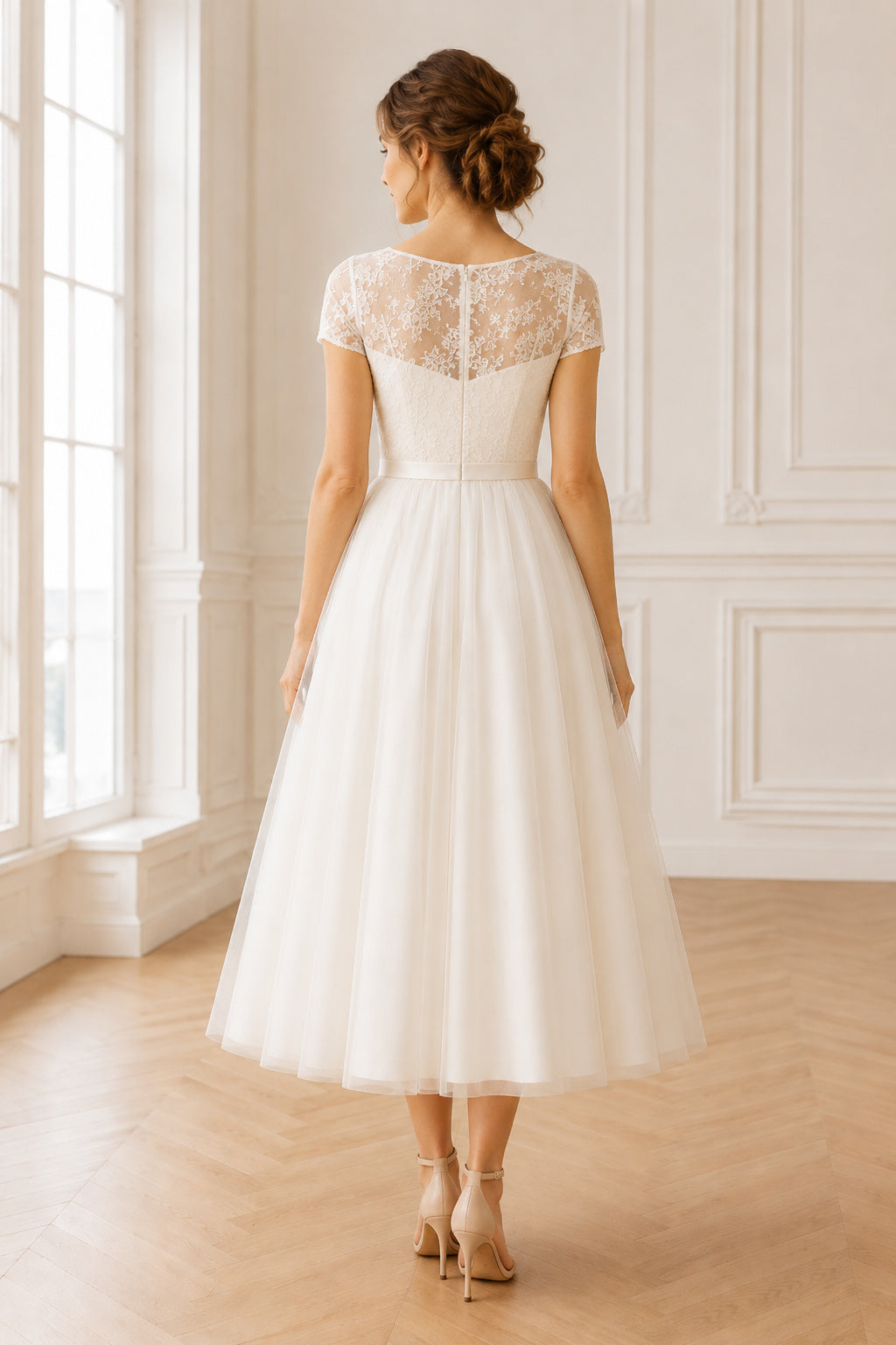 Ivory Lace Cap Sleeve Tea-Length Wedding Dress with Full Tulle Skirt back view