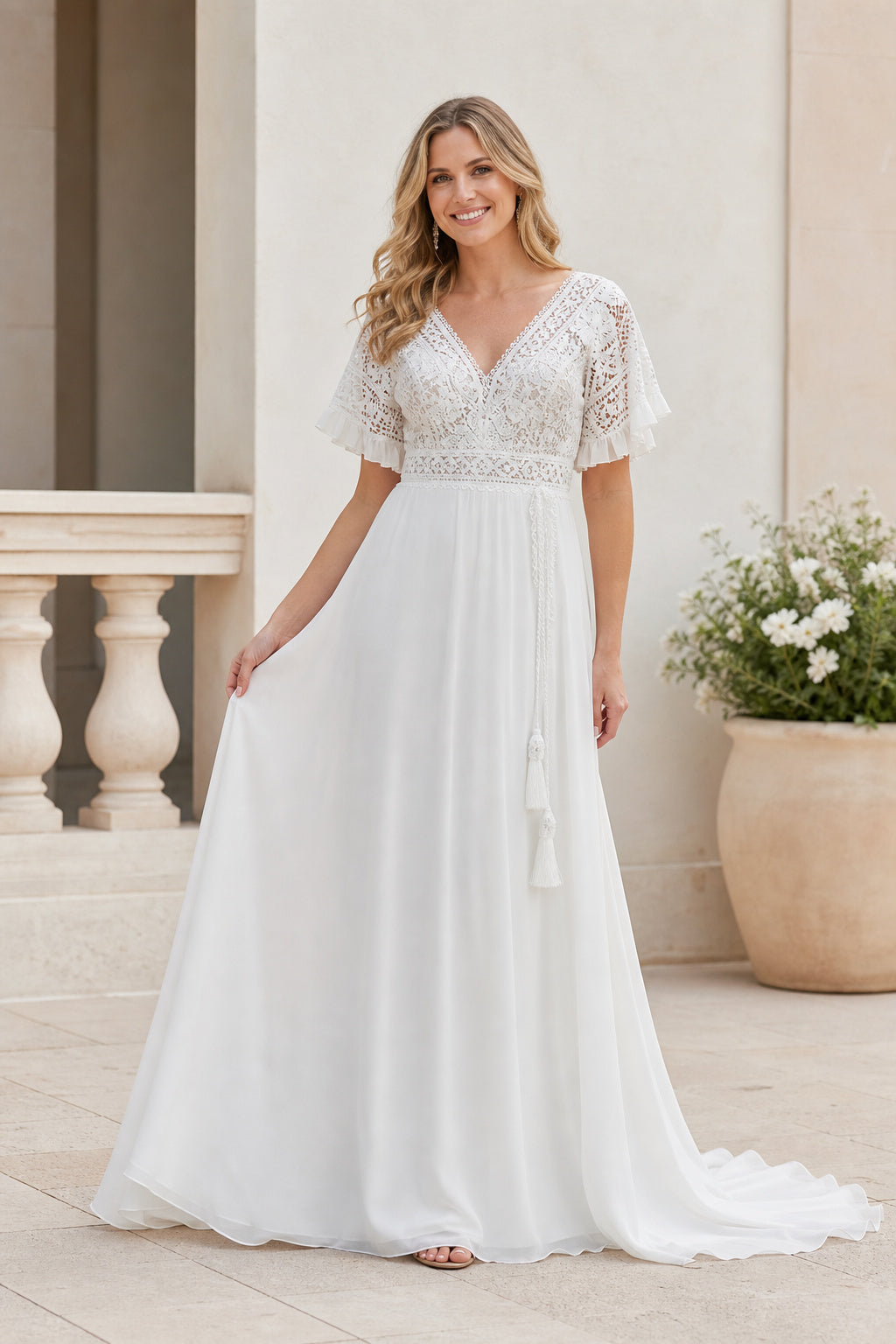 White Off-the-shoulder Long Sleeves A-Line Crepe Floor-length Wedding Dress With Sweep Train and Open Back