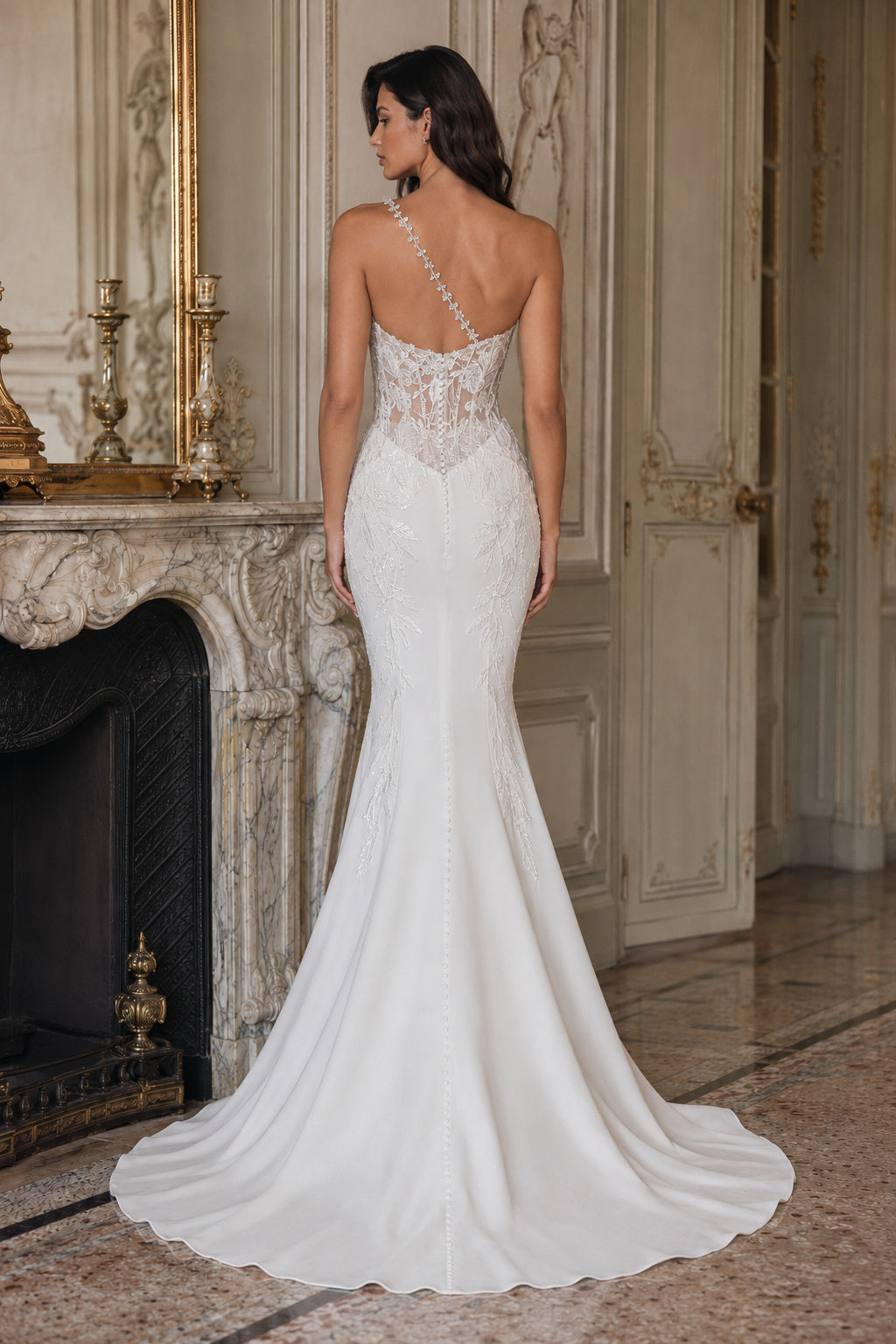 White Strapless Satin Mermaid Wedding Dress with Lace Bodice back view