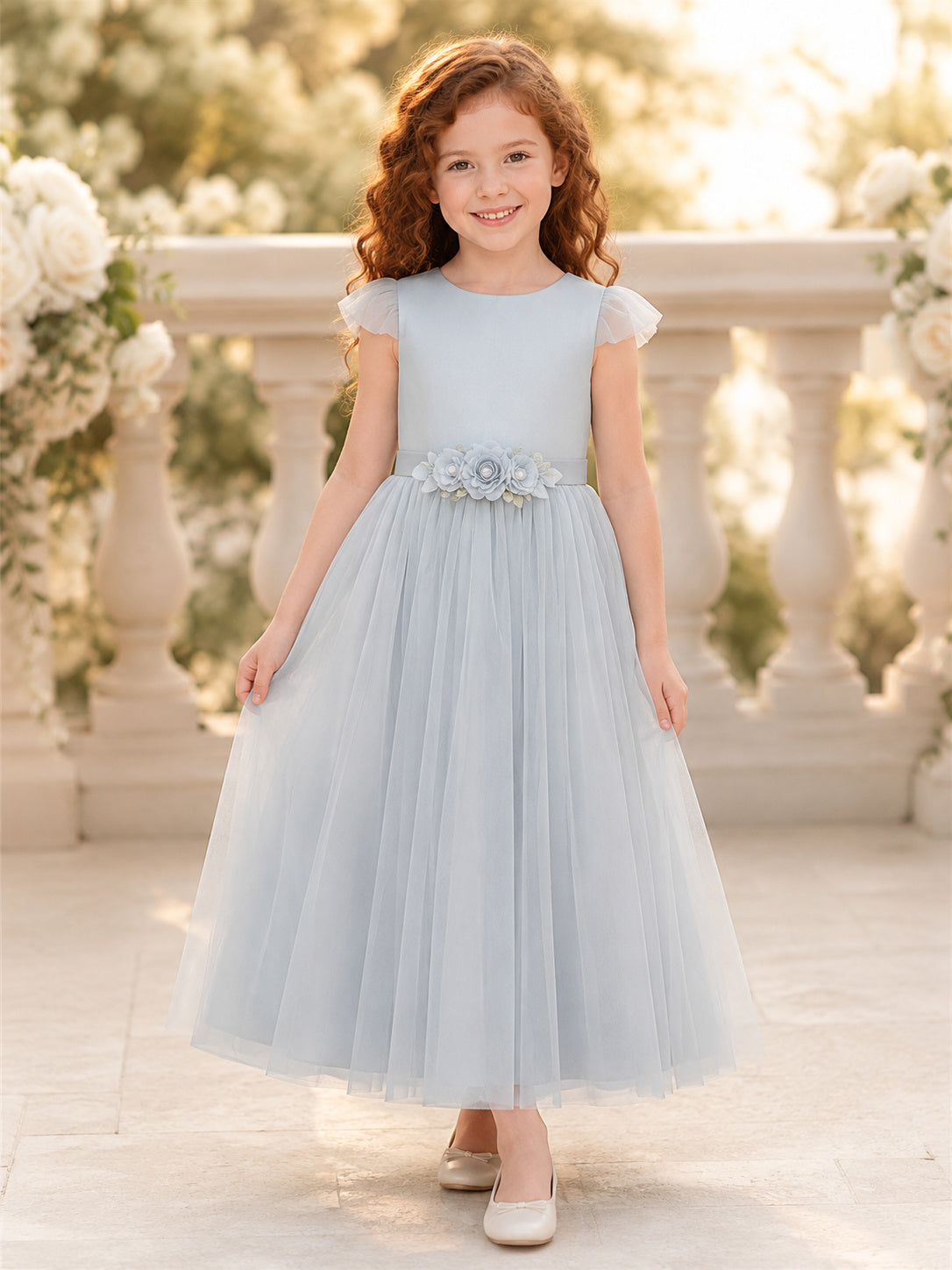 Blue Flower Waist Tulle A-Line Flower Girl Dress with Short Sleeves, Jewel Neck and Tea-Length Skirt front view