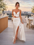 Plunging Spaghetti Strap Satin Slit Rooftop Bridal Set front view