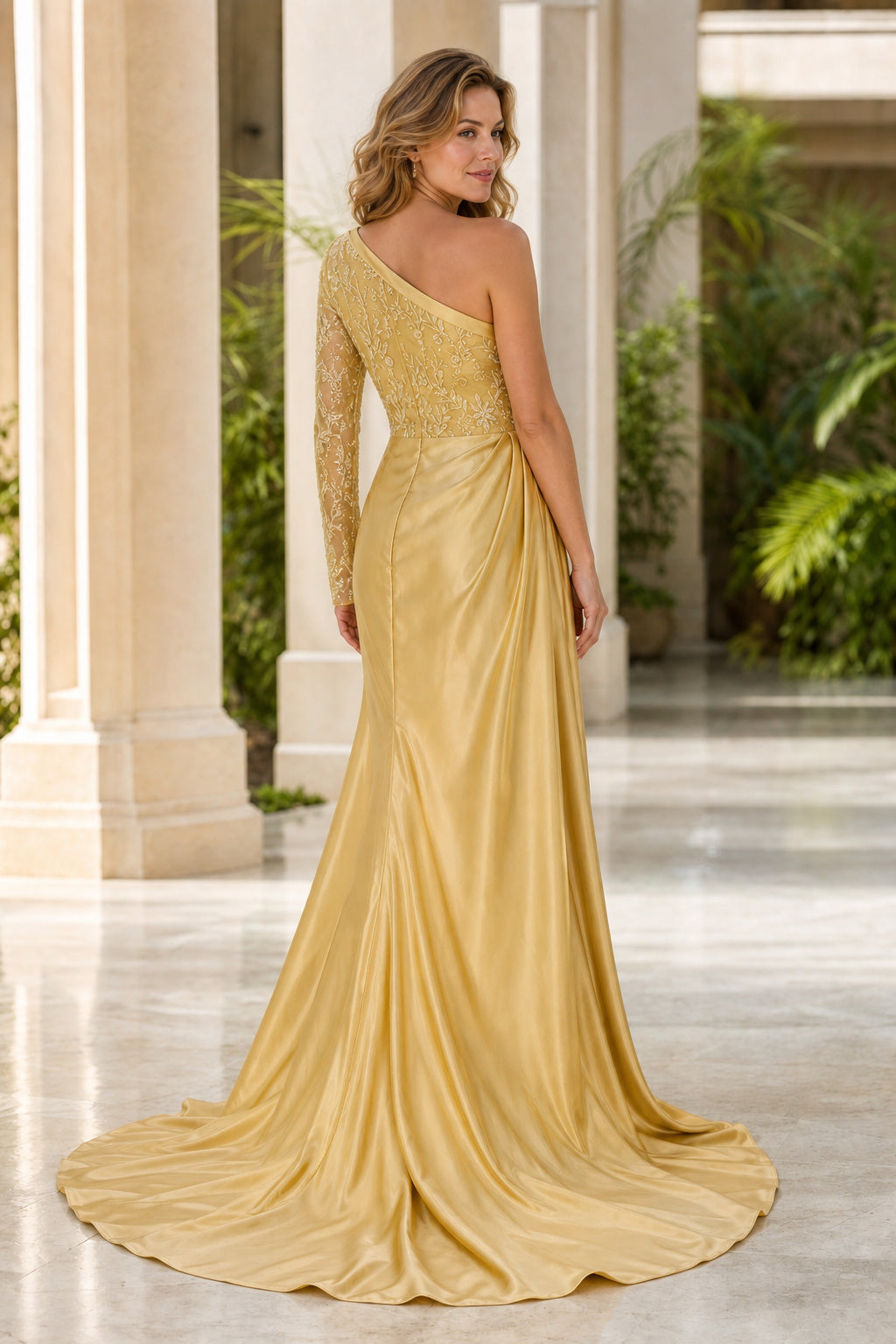 Gold One-Shoulder Sheath Satin Floor-Length Dress With Side Drape