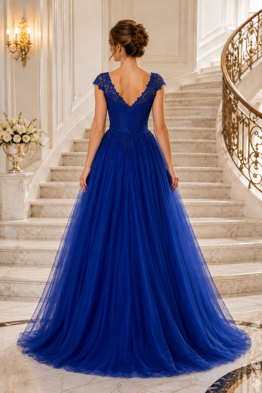 Royal Blue cap sleeve lace bodice ball gown with full tulle skirt Floor-length Ball Gown Prom Dress back view