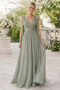 Sage V-Neck Chiffon A-Line Bridesmaid Dress with Cross Strap Back and Draped Bodice front view