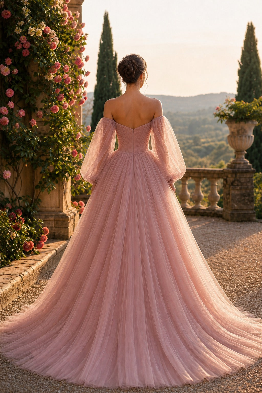 Blush Off-the-Shoulder Floor-Length Tulle Ball Gown