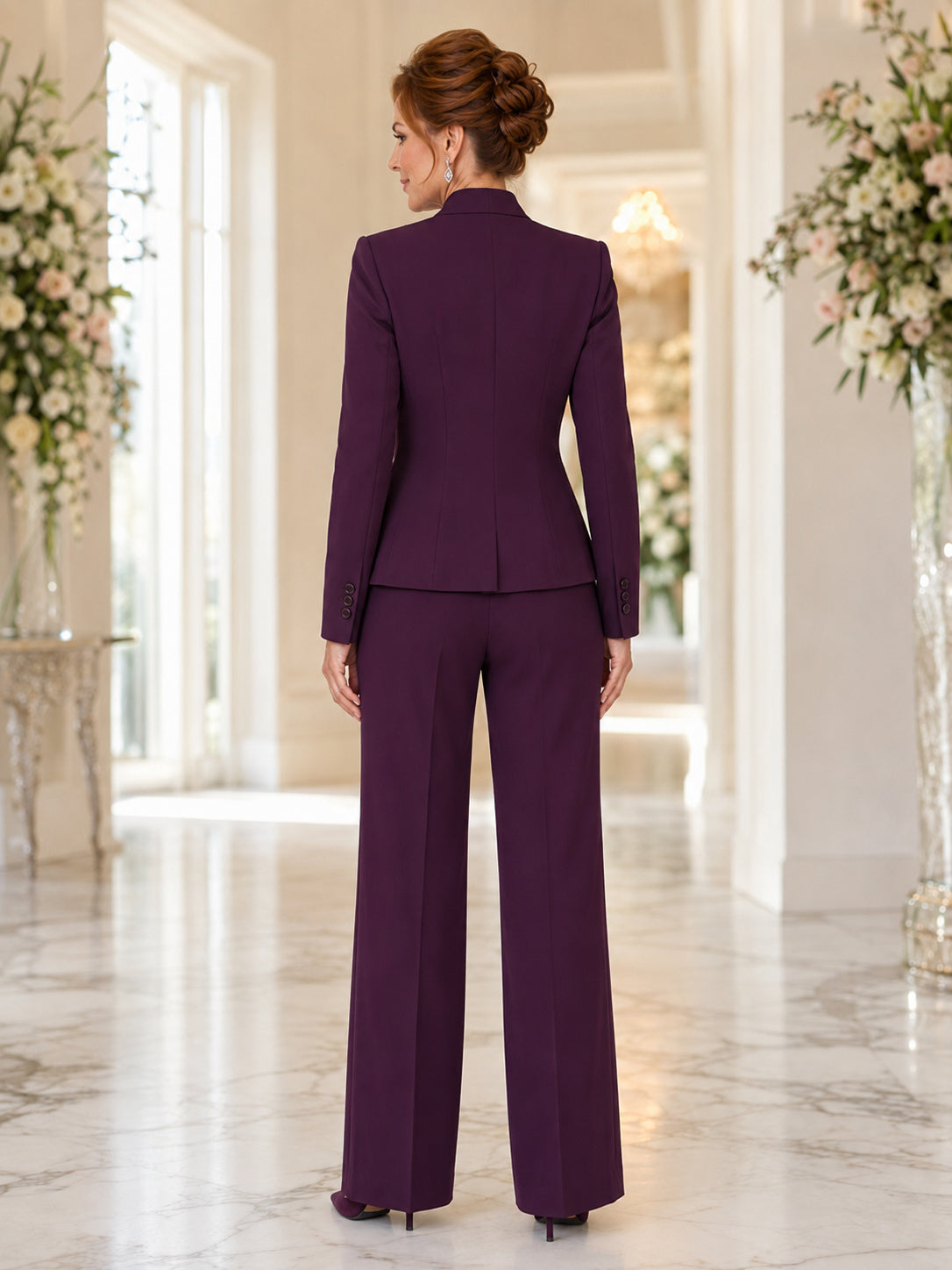 Plum Slimming Luxury Tailored Mother of the Bride Pantsuit Jewel Neck Long-Sleeve Fitted Blazer Wide-Leg Floor Trousers back