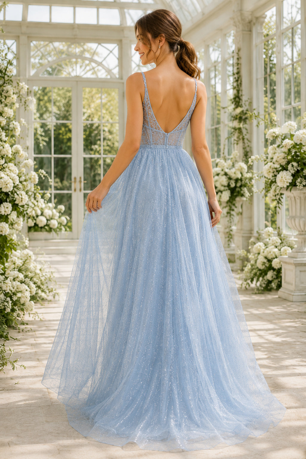 Sky Blue Spaghetti Strap Glitter Tulle A Line Gown with Side Slit Floor Length And Sweep/Brush Train A Line Prom Dress back v