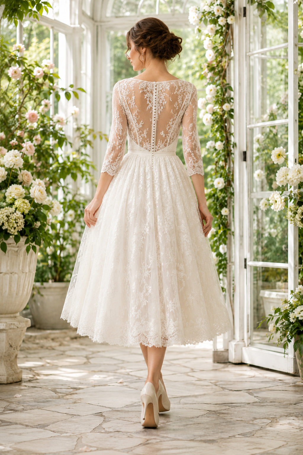 Long Sleeve Lace Tea Length Wedding Dress back view