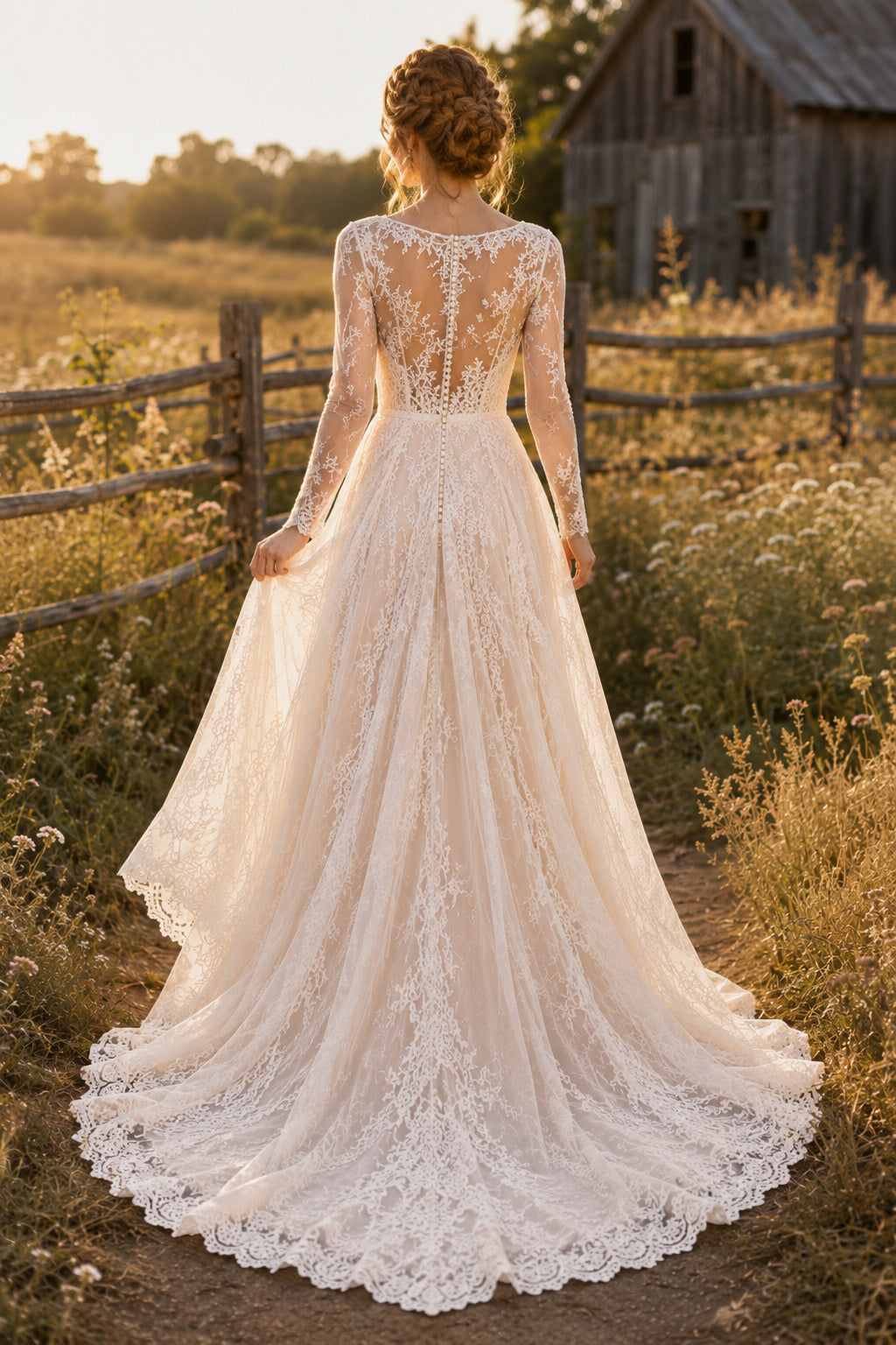 Ivory Long Sleeve Lace A-Line Wedding Dress with Illusion Neckline and Train back view