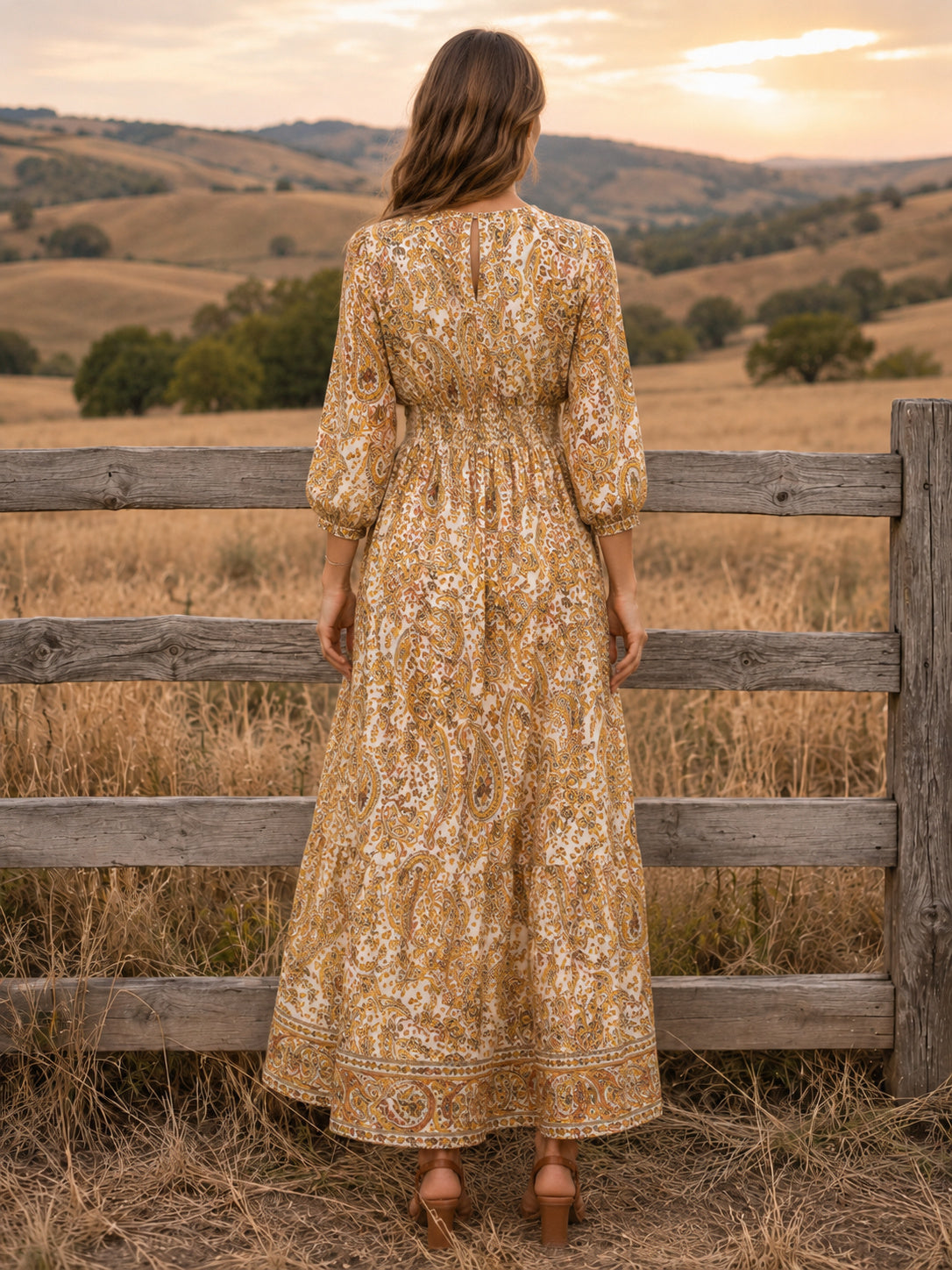 Golden Paisley Print V-Neck Long Sleeve Country Maxi Dress back view