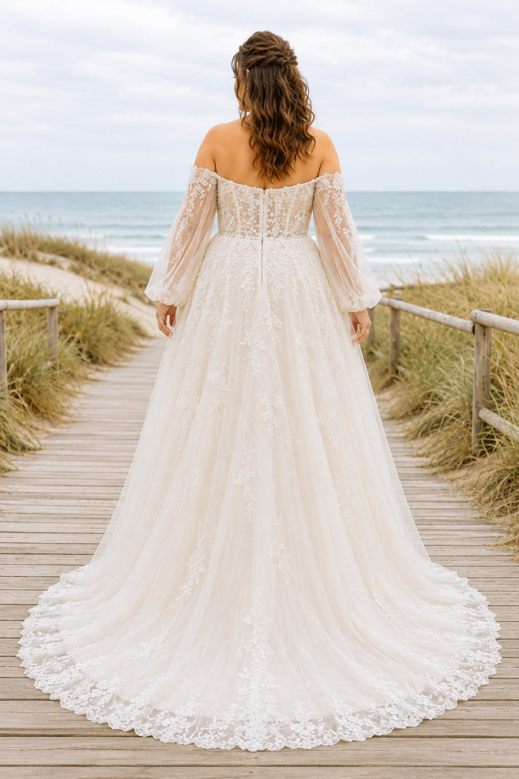 White Plus Size Off-the-Shoulder Lace A-Line Wedding Dress with Illusion Sleeves and Train back view
