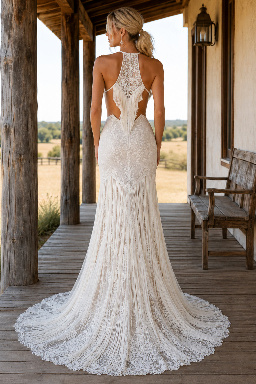 Ivory High Neck Halter Lace Mermaid Wedding Dress with Cutout Back and Sweep Train back view