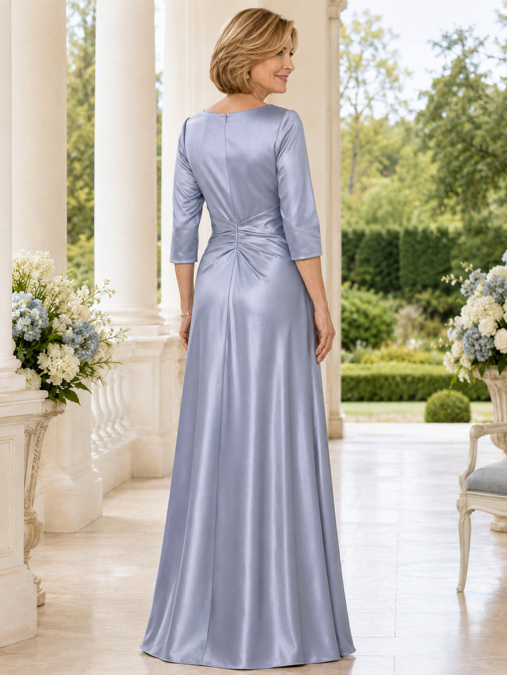 Steel Blue Modern Floor-Length Sheath Mother of the Bride Satin Gown with Square Neck Three-Quarter Sleeves and Side Drape ba