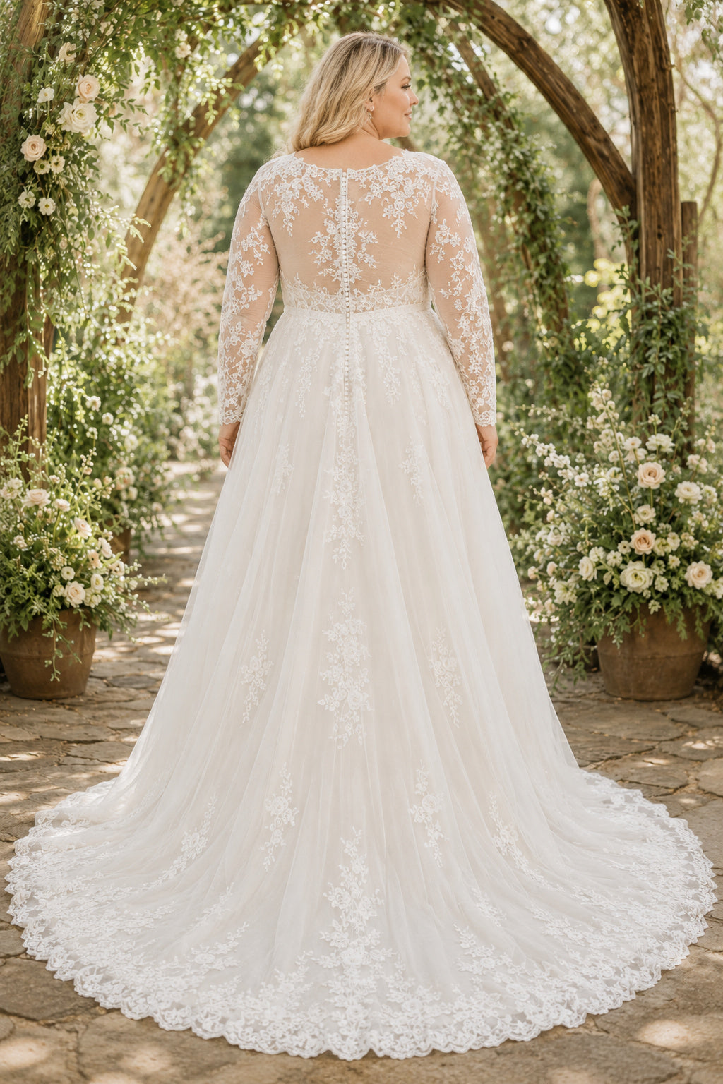 Plus Size Ivory V-Neck Long Illusion Sleeve Lace Tulle A-Line Wedding Dress with Long Lace Sleeves and Chapel Train back view
