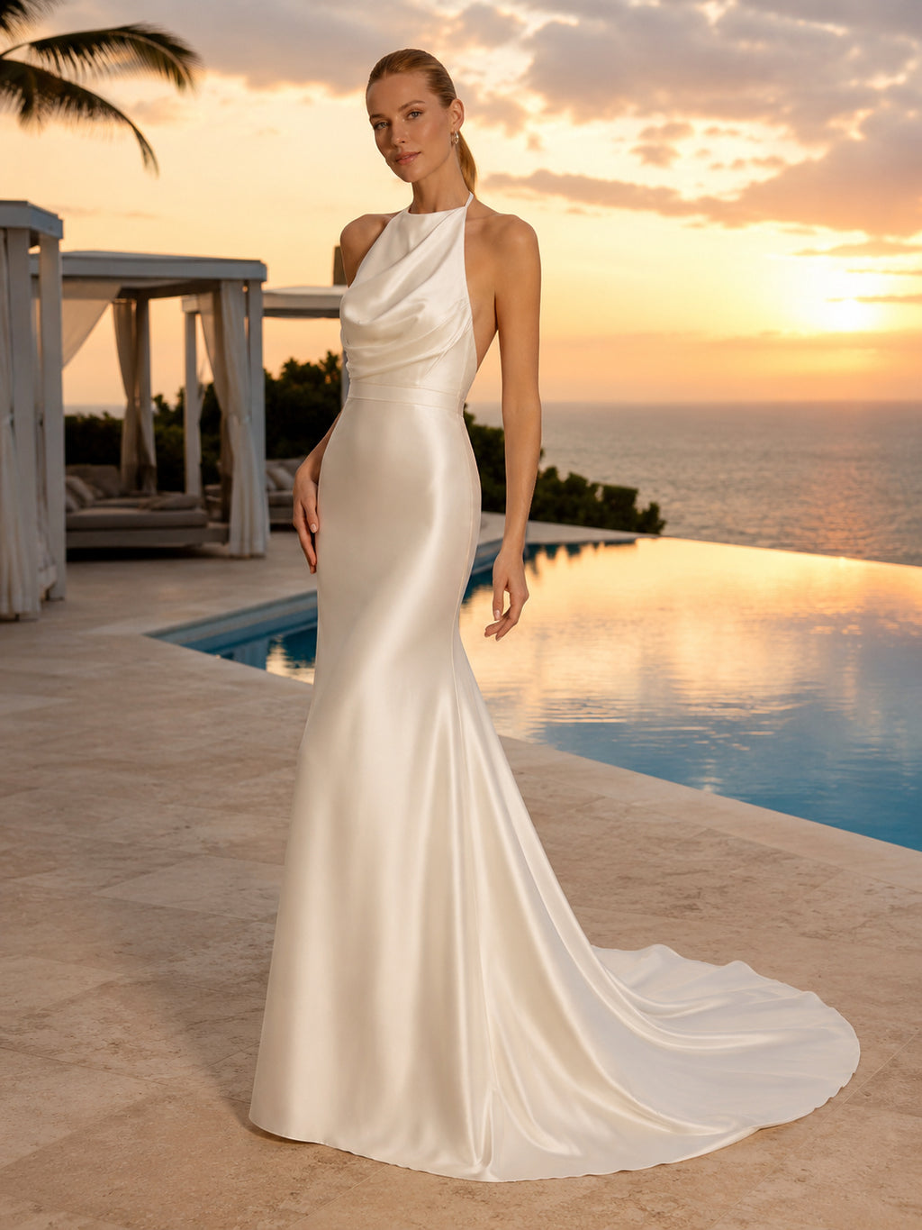 Sunset Destination Draped Cowl Halter Satin Mermaid Backless Chapel Train Wedding Gown front view