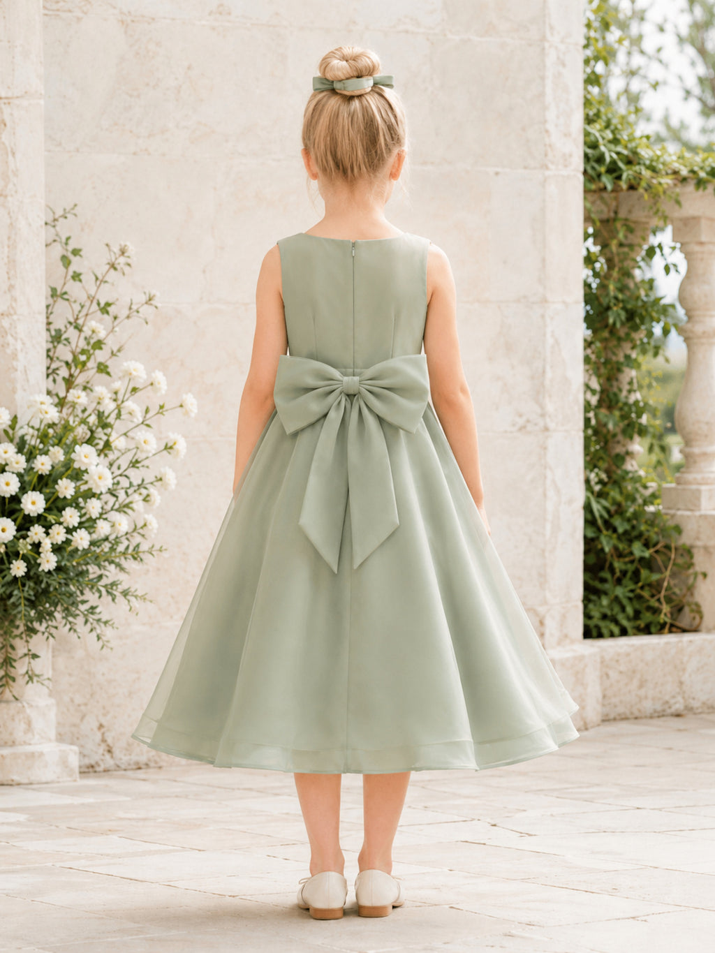 Sleeveless Sage Satin A-Line Flower Girl Dress with square Neckline and Tea length Skirt with Bow Detail back view