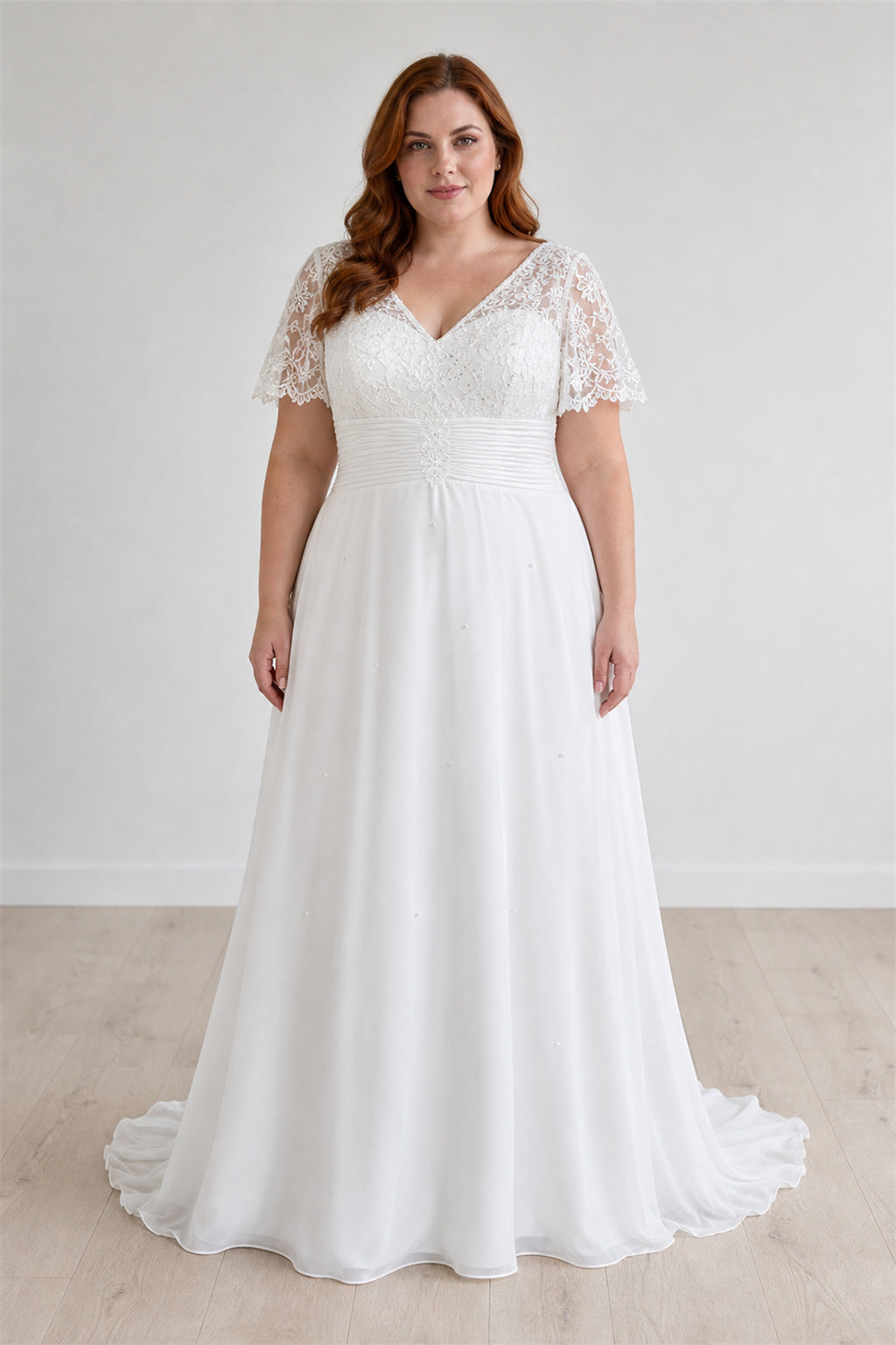 White V-neck Cap Sleeves A-Line Chiffon, Lace Floor-length Wedding Dress With Lace Bodice and Train and Open Back