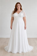 White V-neck Cap Sleeves A-Line Chiffon, Lace Floor-length Wedding Dress With Lace Bodice and Train and Open Back