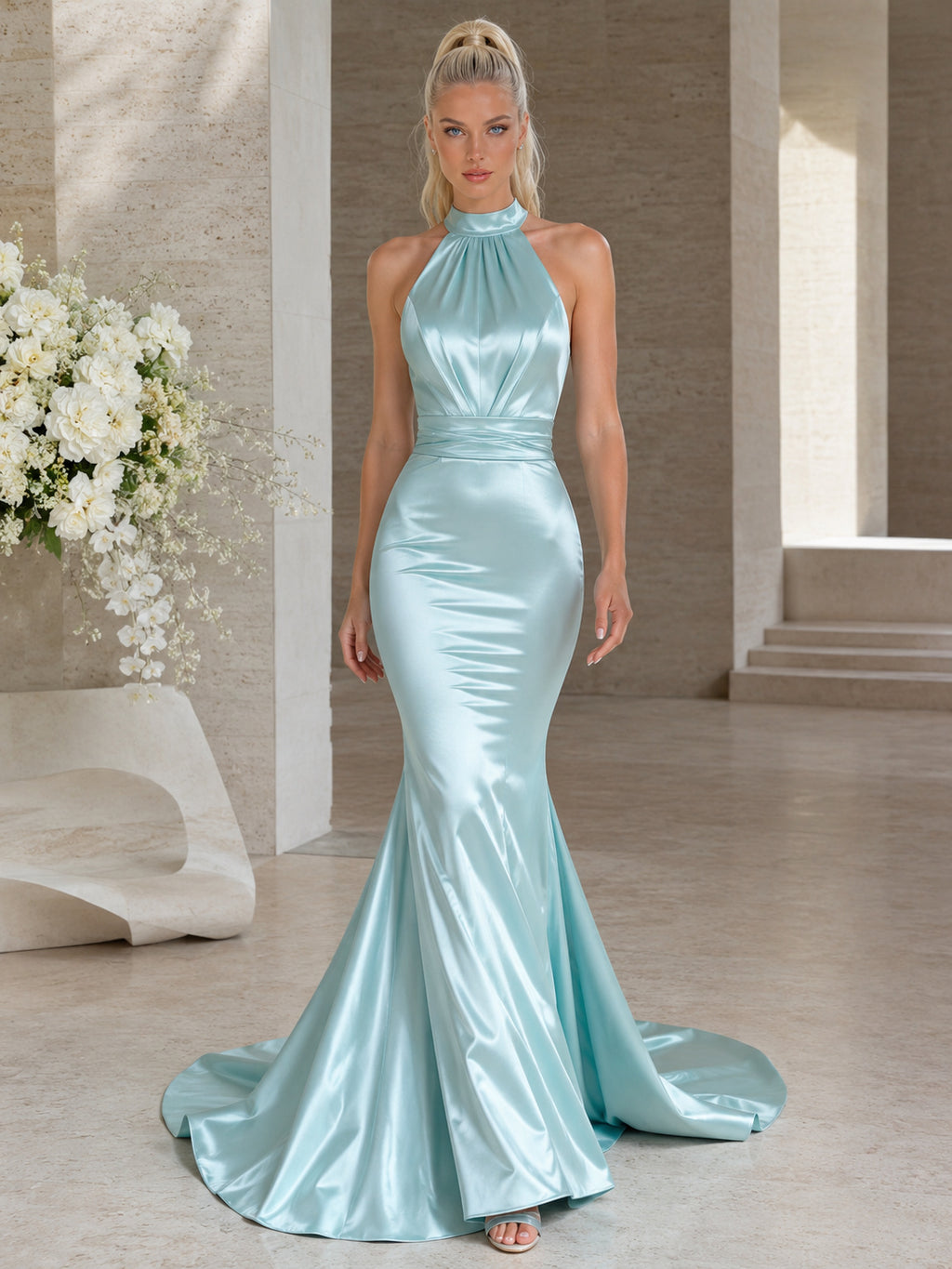 Aqua Satin High Halter Neck Mermaid Court Train Wedding Gown front view