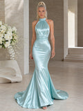 Aqua Satin High Halter Neck Mermaid Court Train Wedding Gown front view