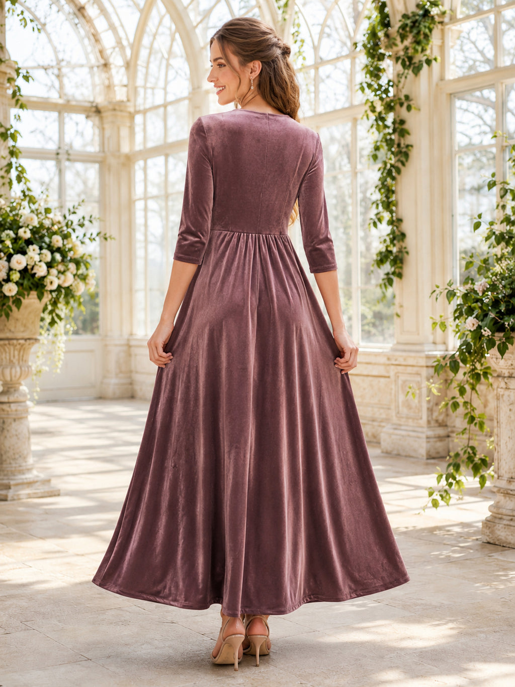Mauve Bateau Neck Three Quarter Velvet Ankle Guest Dress back view